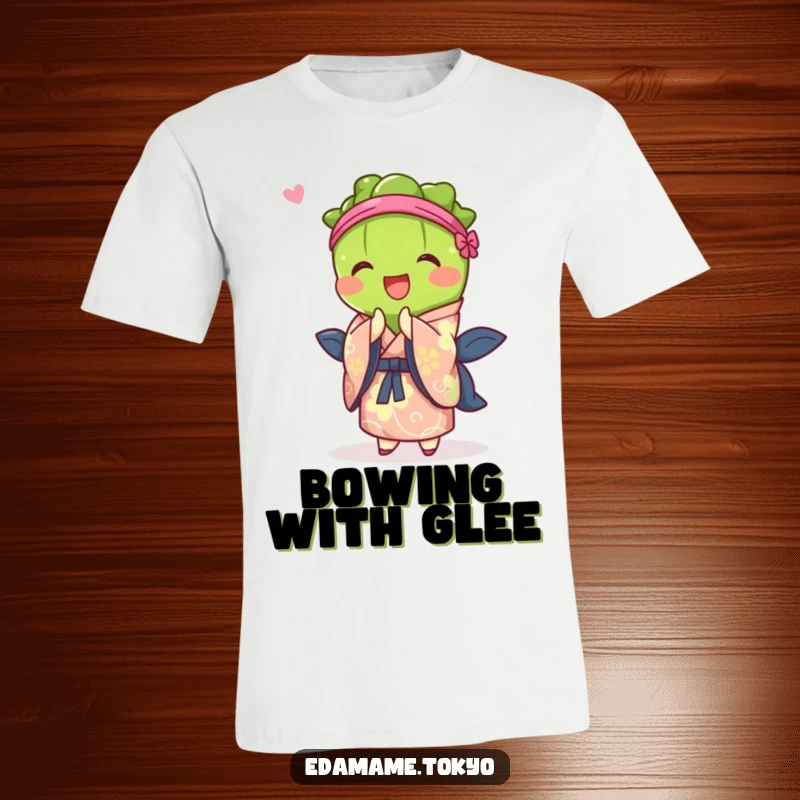 Funny t-shirt featuring an edamame character in a vibrant kimono, depicted in a joyful, respectful bowing posture.