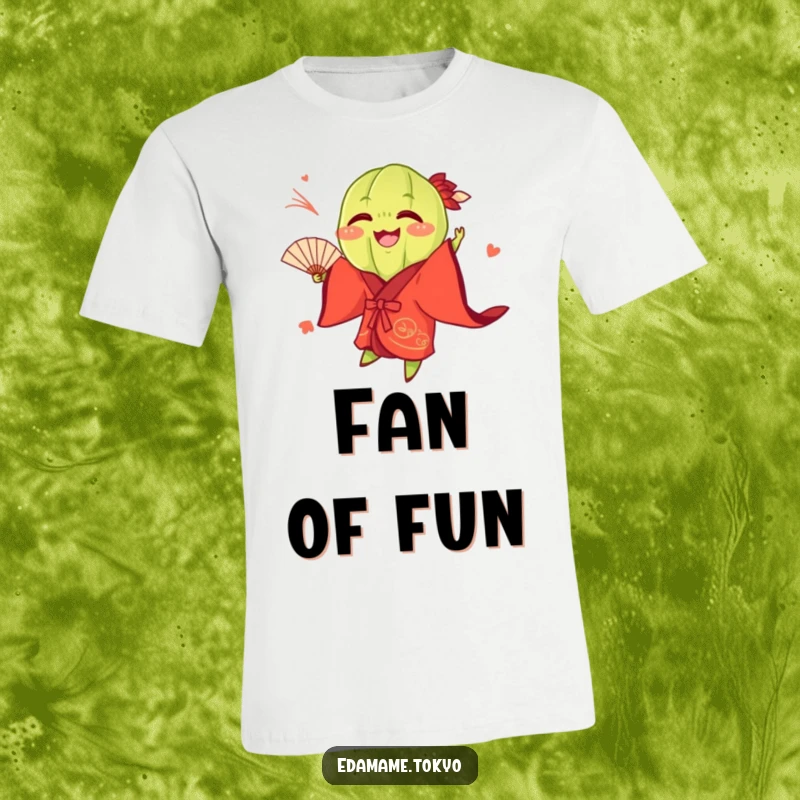 Funny Edamame in a vibrant red kimono, playfully tossing a fan, printed on a t-shirt, conveying high spirits and humor.