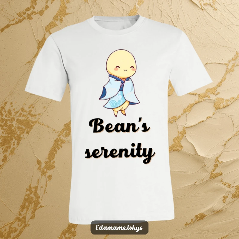 Funny Edamame pod in a flowing blue and white kimono, swaying gracefully, printed on a t-shirt, conveying serene humor.