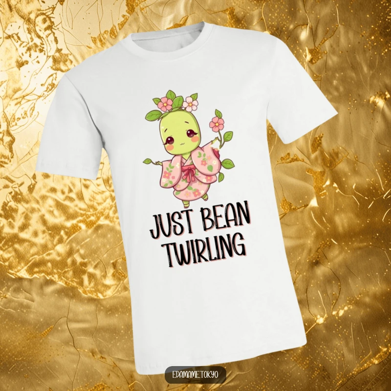 Funny t-shirt with a cute edamame character in a floral kimono, caught mid-twirl with a playful expression.