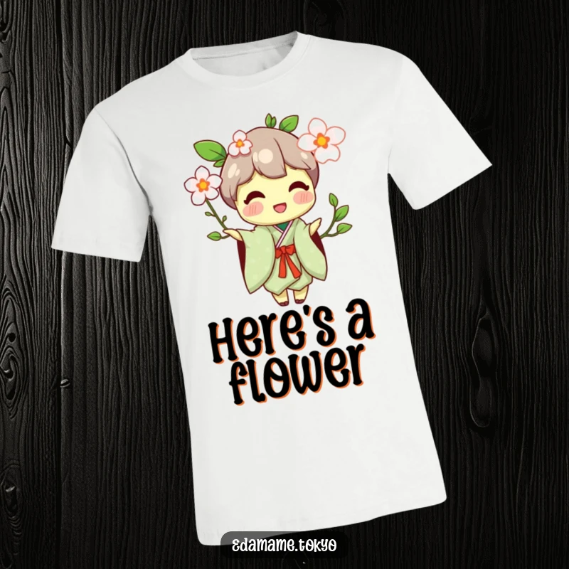 Funny t-shirt featuring an edamame character in a traditional kimono, happily offering a single, pretty blossom.