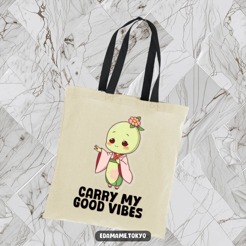 Funny tote bag featuring an edamame character in an elegant kimono, extending a hand in a graceful manner.