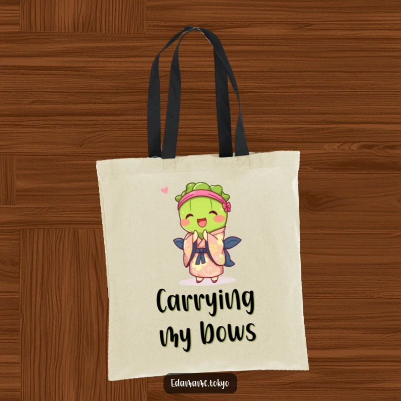 Funny tote bag featuring an edamame character in a vibrant kimono, joyfully bowing to greet you.