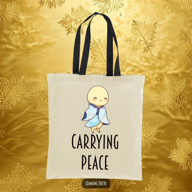 Funny Edamame pod in a flowing blue and white kimono, swaying gracefully, designed on a tote bag, symbolizing calm style.